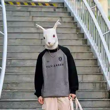 兔先森 美式复古字母刺绣插肩袖宽松时尚百搭拼接撞色圆领套头保暖长袖针织衫 男女同款