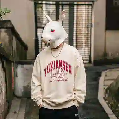 兔先森 无性别主义加绒保暖宽松垂感美式复古时尚潮牌字母印花宽松圆领套头卫衣 男女同款