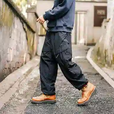 兔先森 山系撞色字母刺绣多拉链摇粒绒加绒加厚保暖裤脚可调节直筒宽松工装长裤休闲裤 男女同款