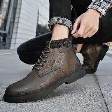 依米奴 牛皮 秋冬靴子男款 经典复古 百搭潮流时尚工装出行 保暖耐磨  短筒 马丁靴