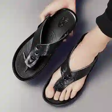 依米奴 简约大气 轻盈舒适 耐磨 人体工学 轻松自如 简洁大方 经典简约 个性潮流 缓震舒适 露趾设计 吸汗干爽  皮革拼接人字拖鞋 男款