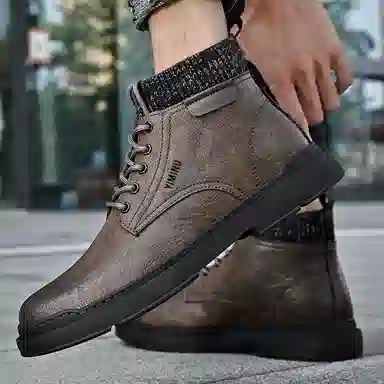 依米奴 牛皮 秋冬靴子男款 经典复古 百搭潮流时尚工装出行 保暖耐磨  短筒 马丁靴