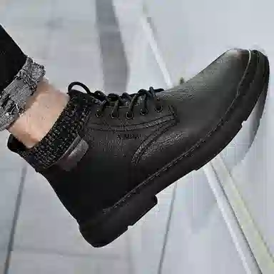 依米奴 牛皮 秋冬靴子男款 经典复古 百搭潮流时尚工装出行 保暖耐磨  短筒 马丁靴