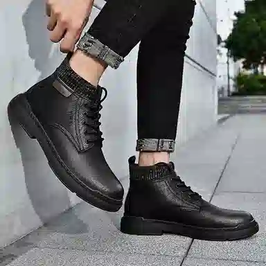 依米奴 牛皮 秋冬靴子男款 经典复古 百搭潮流时尚工装出行 保暖耐磨  短筒 马丁靴