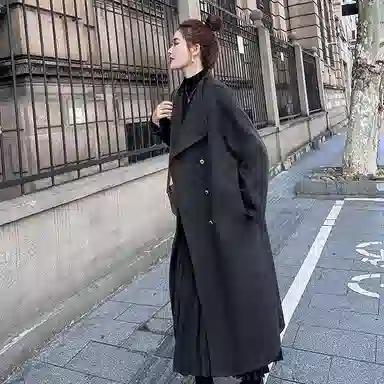 桴生 韩系时尚舒适纯色羊毛长款双排扣领设计感通勤慵懒风毛呢大衣 女款