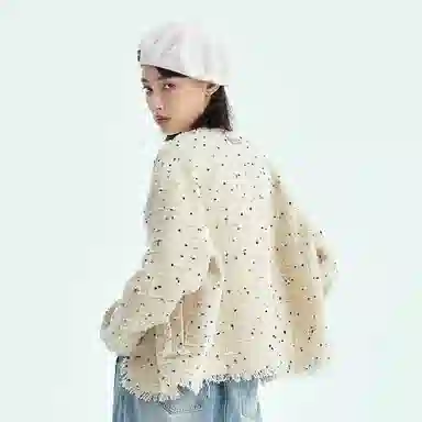 桴生 美式温柔小香风提花高级感短款时尚潮流彩色波点流苏宽松高级感长袖日常休闲百搭上衣截短外套 女款 杏色