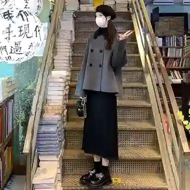 桴生 撞色翻领复古纯色双排扣长袖舒适加厚毛呢大衣 女 灰色