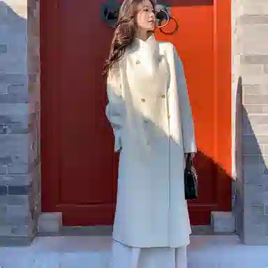 桴生 韩系时尚舒适纯色羊毛长款双排扣领设计感通勤慵懒风毛呢大衣 女款