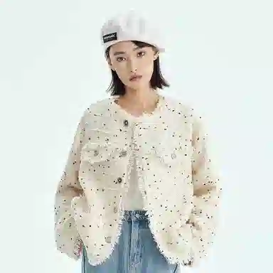 桴生 美式温柔小香风提花高级感短款时尚潮流彩色波点流苏宽松高级感长袖日常休闲百搭上衣截短外套 女款 杏色