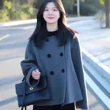 桴生 撞色翻领复古纯色双排扣长袖舒适加厚毛呢大衣 女 灰色