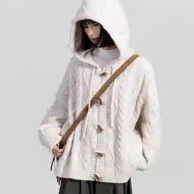 桴生 牛角扣连帽韩系慵懒风软糯宽松针织衫 女款