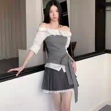 费尔岛上的猫 学院风拼接绑带设计感上衣半身裙组合裙装套装 女款