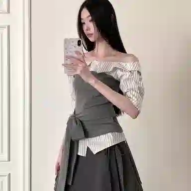 费尔岛上的猫 学院风拼接绑带设计感上衣半身裙组合裙装套装 女款