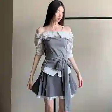 费尔岛上的猫 学院风拼接绑带设计感上衣半身裙组合裙装套装 女款