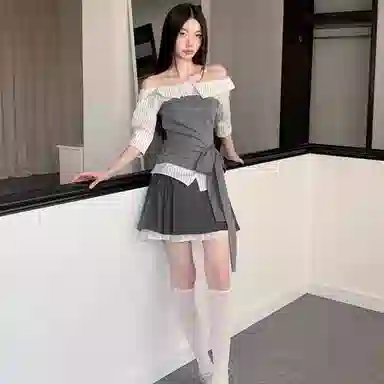 费尔岛上的猫 学院风拼接绑带设计感上衣半身裙组合裙装套装 女款