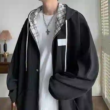 哲源 美式高街复古简约风上衣纯色基础款开衫设计感外套潮牌百搭宽松舒适休闲连帽卫衣 男女同款