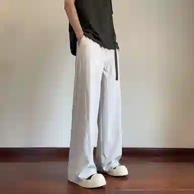 哲源 简约纯色拼接设计冰丝弯刀裤宽松大码直筒垂感阔腿裤百搭舒适通勤飘带设计薄款透气运动休闲裤 男女同款
