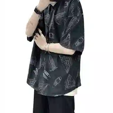 哲源 夏季薄款美式高街复古纯色满印图案卡通海边不规则沙滩旅游五分袖上衣百搭宽松休闲短袖衬衫 男女同款