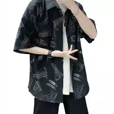 哲源 夏季薄款美式高街复古纯色满印图案卡通海边不规则沙滩旅游五分袖上衣百搭宽松休闲短袖衬衫 男女同款