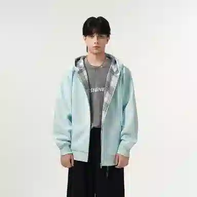 哲源 美式复古重磅开衫连帽男款春秋外套格子拼接设计感上衣潮牌百搭宽松舒适潮流痞帅情侣款休闲卫衣 男女同款