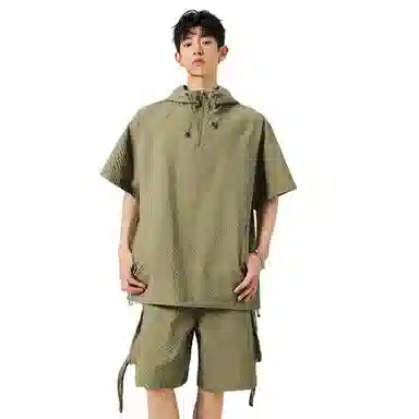 哲源 美式纯色宽松舒适连帽字母短袖工装系带大口袋设计简约基础款大码短裤休闲运动套装 男女同款