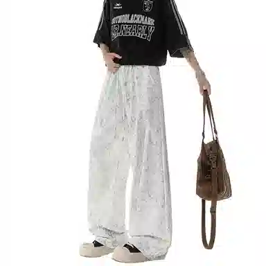 哲源 凉感透气舒适肌理感褶皱弯刀美式复古阔腿直筒百搭宽松拖地运动休闲裤 男女同款
