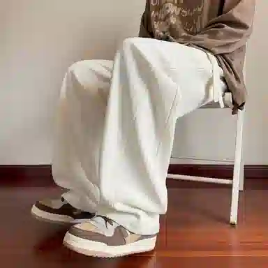 哲源 美式复古高街纯色卫裤松紧抽绳基础拼接设计感直筒裤潮牌百搭宽松舒适拖地垂感弯刀休闲裤 男女同款