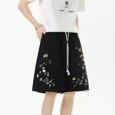 哲源 美式潮流时尚贴纸印花创意手绘小众裤脚毛边设计卡通动画图案宽松舒适亲肤运动百搭个性薄款休闲短裤 男女同款