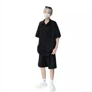 哲源 简约美式基础翻领纯色学院风宽松中腰系带五分裤休闲短袖衬衫套装 男女同款
