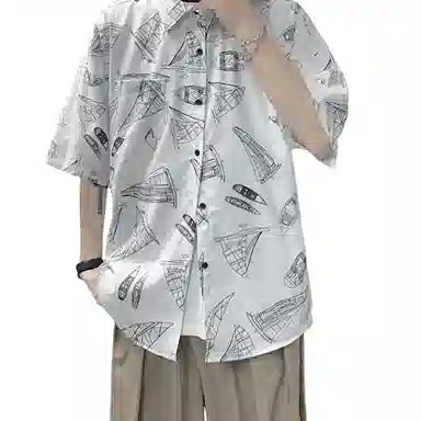 哲源 夏季薄款美式高街复古纯色满印图案卡通海边不规则沙滩旅游五分袖上衣百搭宽松休闲短袖衬衫 男女同款