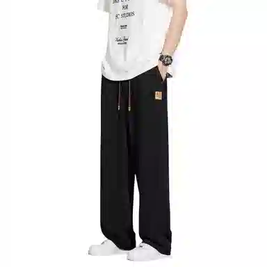 哲源 美式潮牌复古简约小众设计系带皮标冰感舒适透气宽松垂感舒适亲肤百搭直筒长裤休闲裤 男女同款