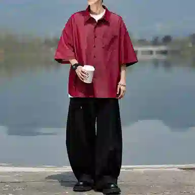 哲源 美式复古高街基础款冰丝牛仔垂感飘逸顺滑凉感高级感简约纯色无性别主义柔软亲肤舒适休闲百搭翻领短袖衬衫 男女同款