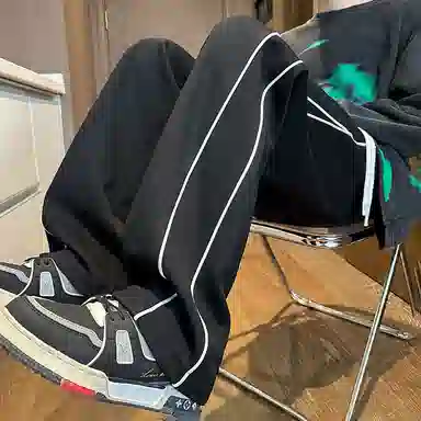 哲源 美式复古高街纯色长裤基础拼接侧边反光条设计感卫裤潮牌百搭宽松舒适显高显瘦垂感慵懒针织运动休闲裤 男女同款