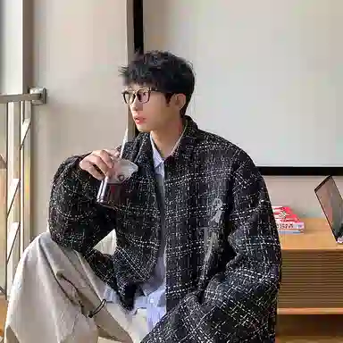 哲源 美式高街复古小香风字母格子扎染星星图案印花设计感潮牌百搭宽松日常通勤时尚高级感休闲夹克 男女同款