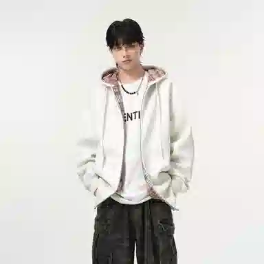 哲源 美式复古重磅开衫连帽男款春秋外套格子拼接设计感上衣潮牌百搭宽松舒适潮流痞帅情侣款休闲卫衣 男女同款