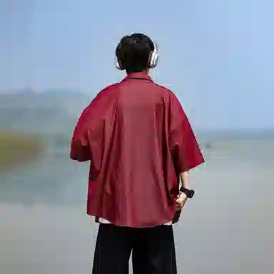 哲源 美式复古高街基础款冰丝牛仔垂感飘逸顺滑凉感高级感简约纯色无性别主义柔软亲肤舒适休闲百搭翻领短袖衬衫 男女同款