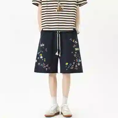 哲源 美式潮流时尚贴纸印花创意手绘小众裤脚毛边设计卡通动画图案宽松舒适亲肤运动百搭个性薄款休闲短裤 男女同款