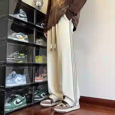 哲源  美式复古高街阔腿裤简约纯色侧边条纹抽绳设计感卫裤潮牌百搭宽松舒适垂感弹力显高显瘦直筒休闲裤 男女同款