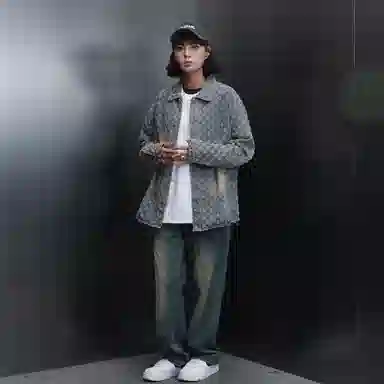 哲源 美式高街复古风提花满印水洗做旧设计感外套潮牌百搭宽松休闲痞帅时尚翻领耐磨基础款牛仔夹克 男女同款