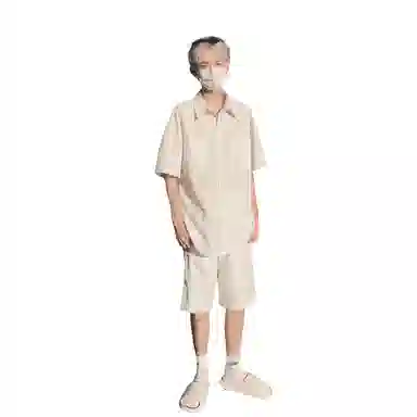 哲源 简约美式基础翻领纯色学院风宽松中腰系带五分裤休闲短袖衬衫套装 男女同款