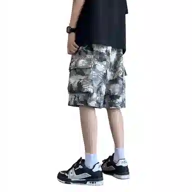 哲源 美式高街潮流简约小众设计满印系带松紧腰直筒日常宽松多口袋舒适透气宽松百搭时尚五分工装短裤 男女同款