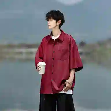 哲源 美式复古高街基础款冰丝牛仔垂感飘逸顺滑凉感高级感简约纯色无性别主义柔软亲肤舒适休闲百搭翻领短袖衬衫 男女同款