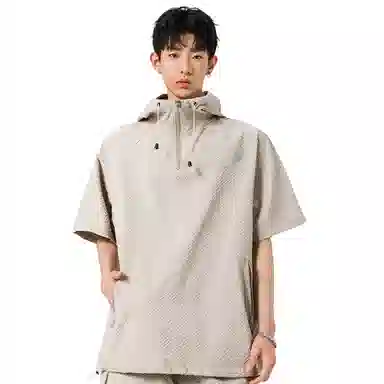哲源 美式纯色宽松舒适连帽字母短袖工装系带大口袋设计简约基础款大码短裤休闲运动套装 男女同款