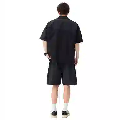 哲源 美式高街潮流翻领半开拉链设计速干冰感套头短袖宽松直筒透气百搭通勤五分裤休闲运动套装 男女同款