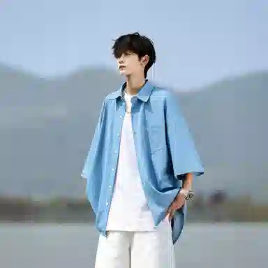哲源 美式复古高街基础款冰丝牛仔垂感飘逸顺滑凉感高级感简约纯色无性别主义柔软亲肤舒适休闲百搭翻领短袖衬衫 男女同款