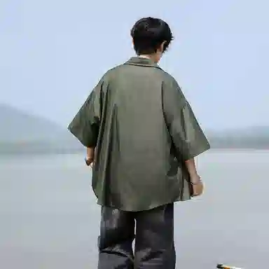 哲源 美式复古高街基础款冰丝牛仔垂感飘逸顺滑凉感高级感简约纯色无性别主义柔软亲肤舒适休闲百搭翻领短袖衬衫 男女同款