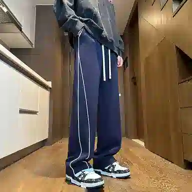 哲源 美式复古高街纯色长裤基础拼接侧边反光条设计感卫裤潮牌百搭宽松舒适显高显瘦垂感慵懒针织运动休闲裤 男女同款