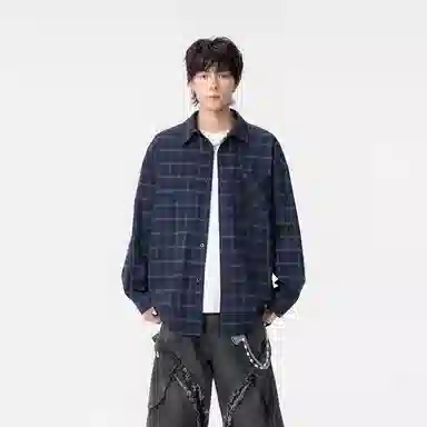哲源 美式复古学院风格子扎染翻领单排扣百搭宽松舒适休闲长袖衬衫 男女同款