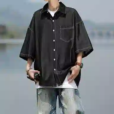 哲源 美式复古高街基础款冰丝牛仔垂感飘逸顺滑凉感高级感简约纯色无性别主义柔软亲肤舒适休闲百搭翻领短袖衬衫 男女同款