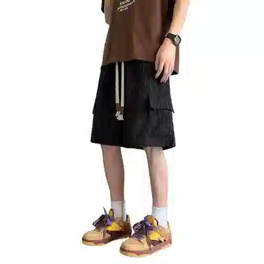 哲源 美式高街潮流简约痞帅风裂纹小众设计系带中腰宽松休闲百搭舒适亲肤透气五分工装短裤 男女同款